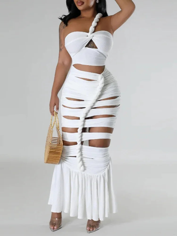 Solid Hollow Out Backless Dress For Women Diagonal Collar Sleeveless High Waist Sexy Dresses Female Fashion Style