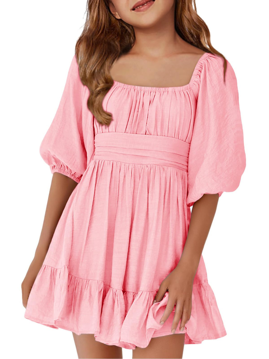 Girls Summer Dresses Square Neck Lantern Sleeve Tie Backless Ruffle A-Line Party Mini Dress Pink
