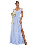 BEAUTFOR Off The Shoulder Plus Size Lavender Bridesmaid Dresses with Pocket V Neck A Line Pleated Chiffon Lace Up Long Formal Party Dresses with Slit 24W