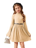 SweatyRocks Girls Long Sleeve Mock Neck Dress Casual Knit Flared Short Dresses Apricot 11-12Y