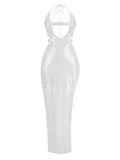 Fashion Party Dress Women Sexy Hollow Out Sleeveless White Sequins Tight Long Dresses Vestidos