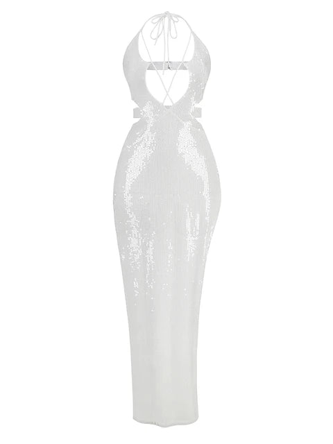Fashion Party Dress Women Sexy Hollow Out Sleeveless White Sequins Tight Long Dresses Vestidos