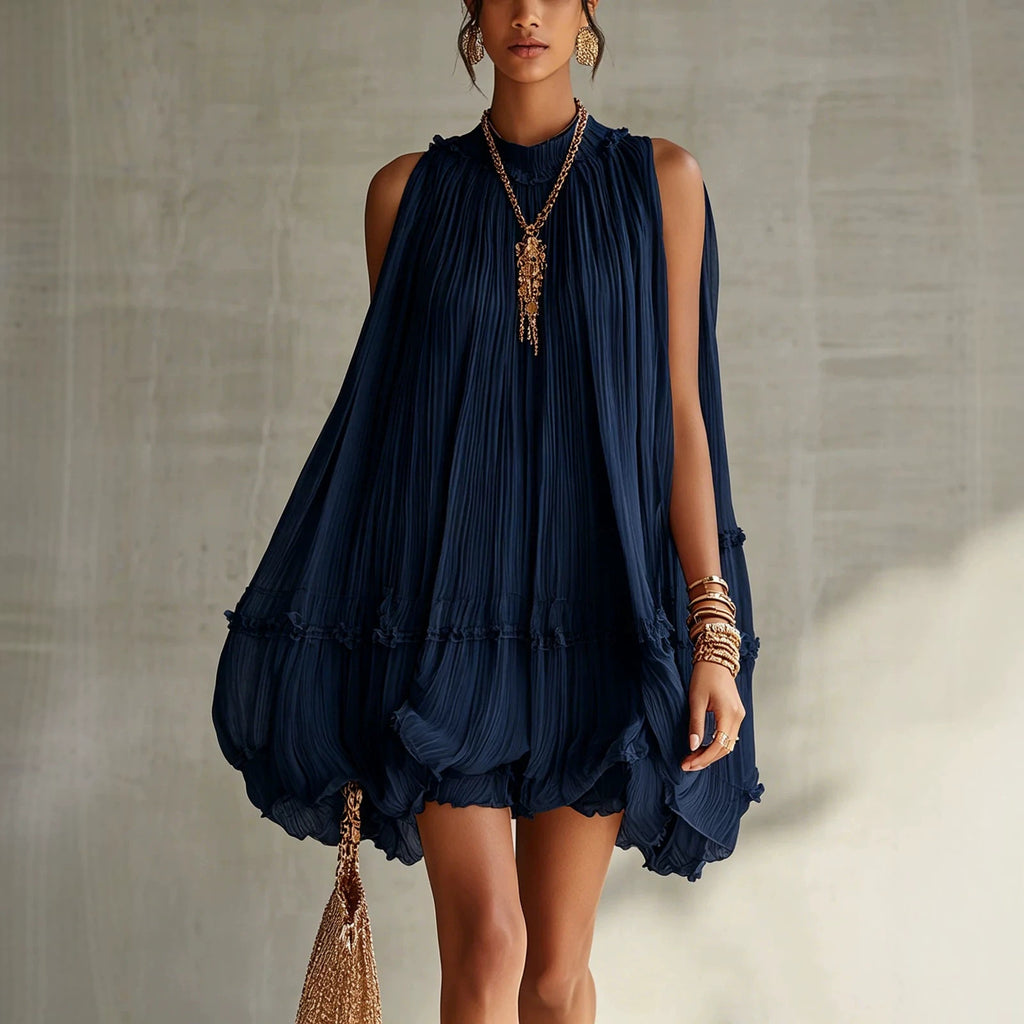 Sleeveless Pleated Mini Dress for Women, Loose A-Line Skirt with Ruffled Hem, Gathered Pleats, Casual Vacation Style, Flared Silhouette, Sweet Baby Doll Dress