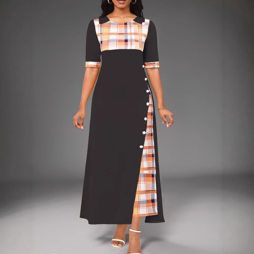 Large Stock New Style Dress Round Neck Color Block Mid Sleeve Irregular Long Dress