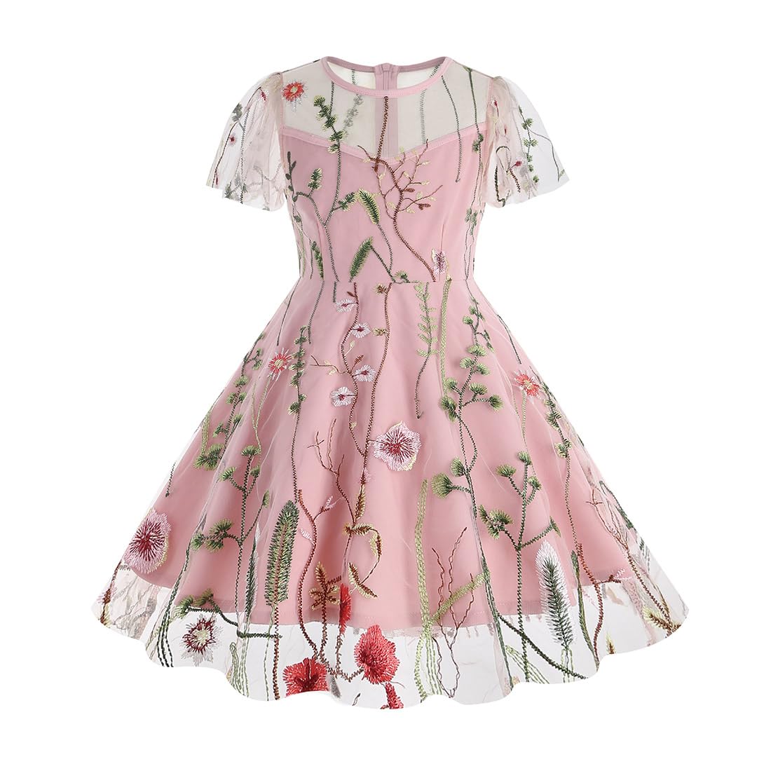 IDOPIP Embroidery Flower Girl Lace Dress for Kids Wedding Bridesmaid Party First Communion Dresses Little Princess Pageant Birthday Gown Graduation Homecoming Dresses Pink - Short Sleeve 7-8 Years