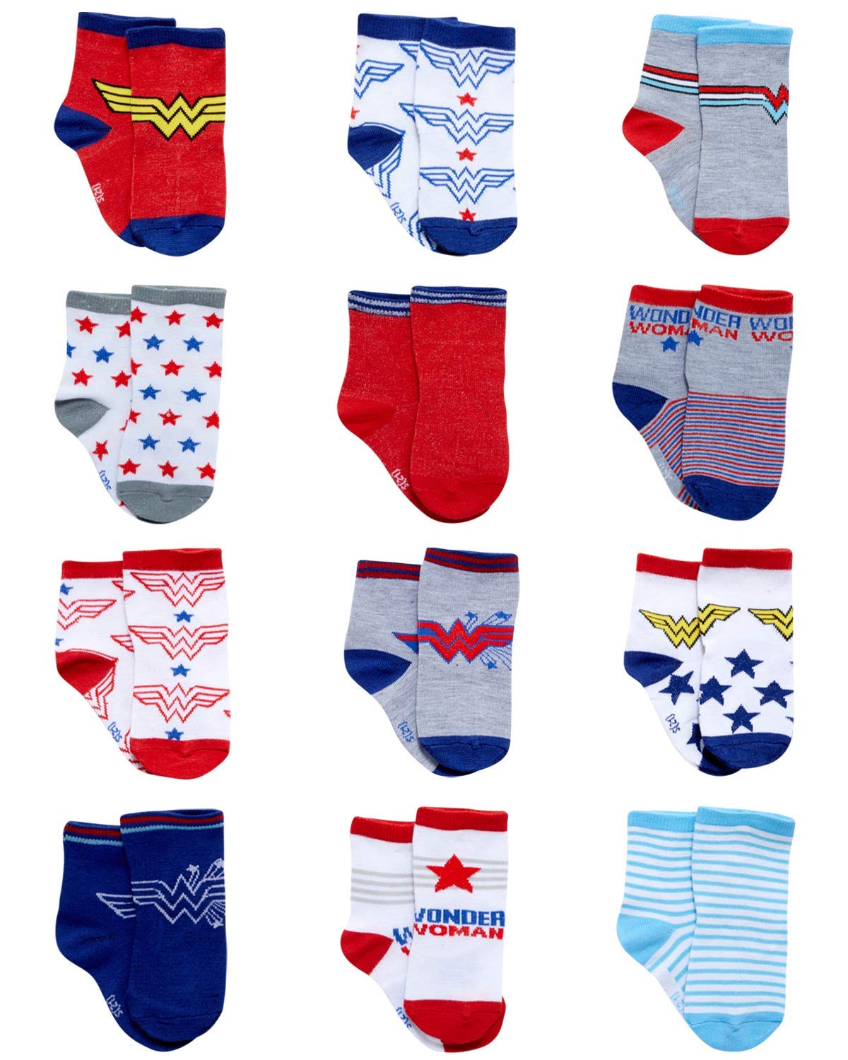 DC Comics Baby Boys’ and Girls’ Socks - 12 Pack Batman Wonder Woman Superman Justice League Super Girl Socks (0-24M) Size 0-6M Wonder Woman