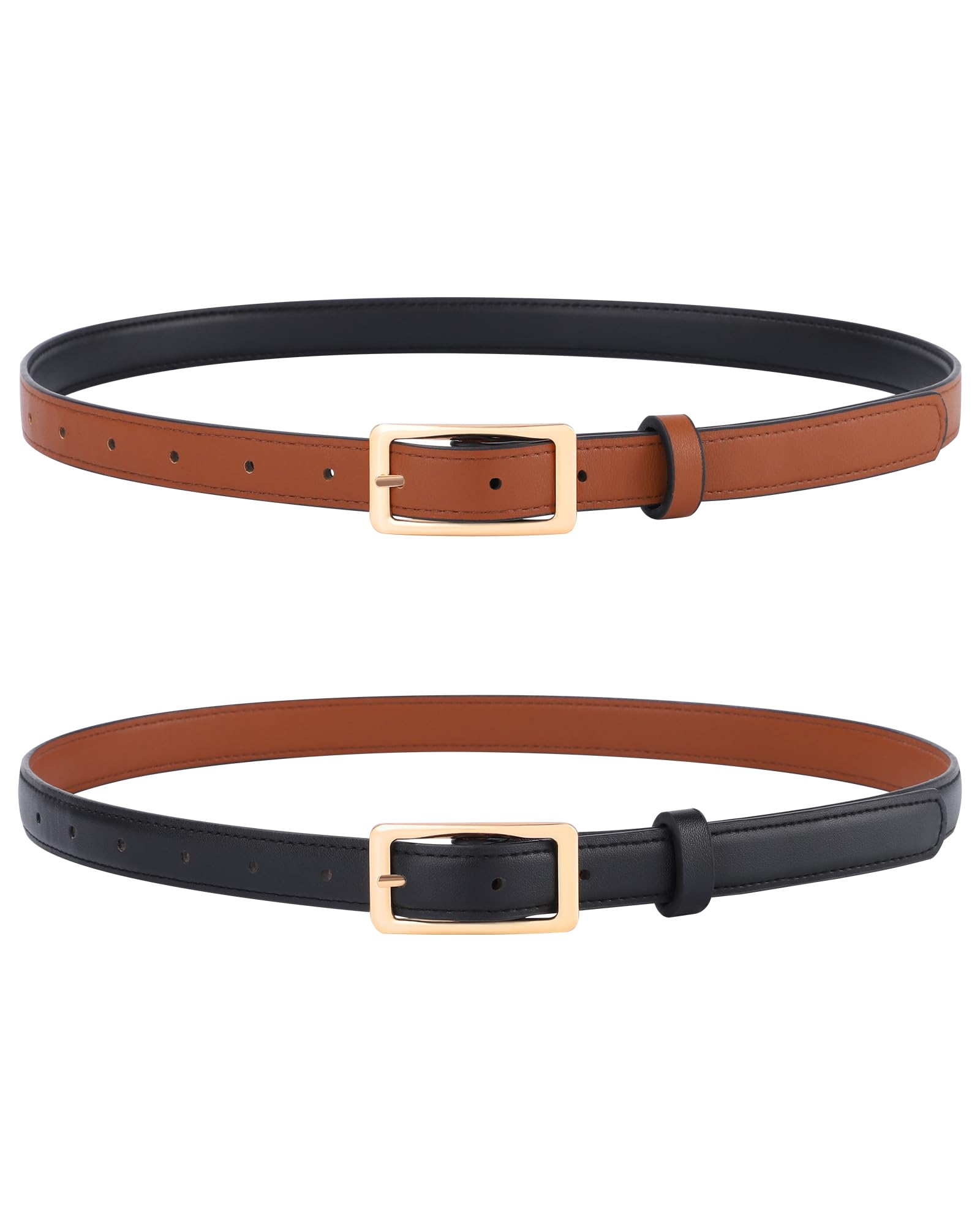 WELROG Skinny Reversible Leather Belt - Women Thin Belt for Dresses Jeans Pants with Gold Buckle