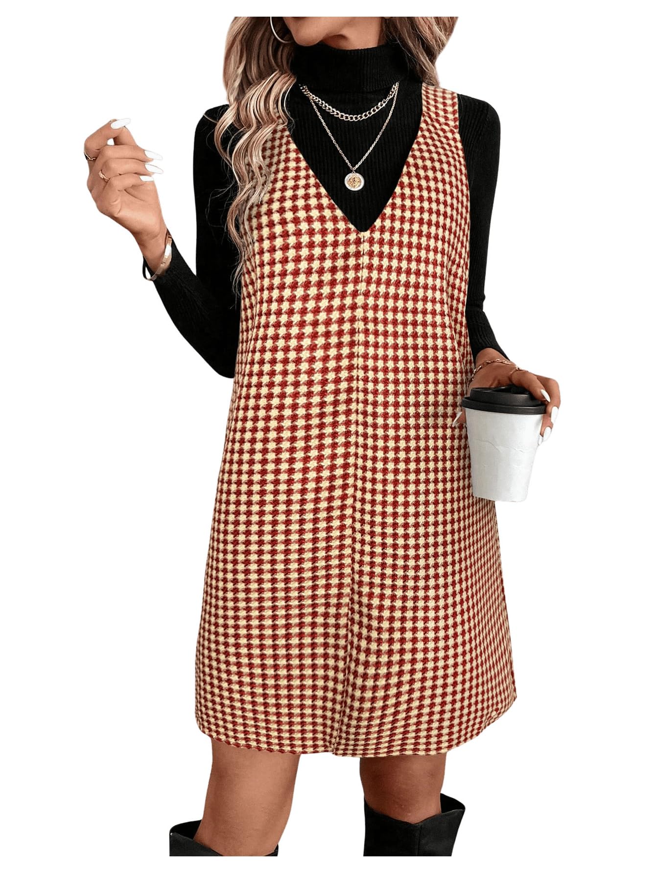 MakeMeChic Womens V Neck Short Dress Plaid Sleeveless Straight Hem Midi Dresses Multicolor X-Large