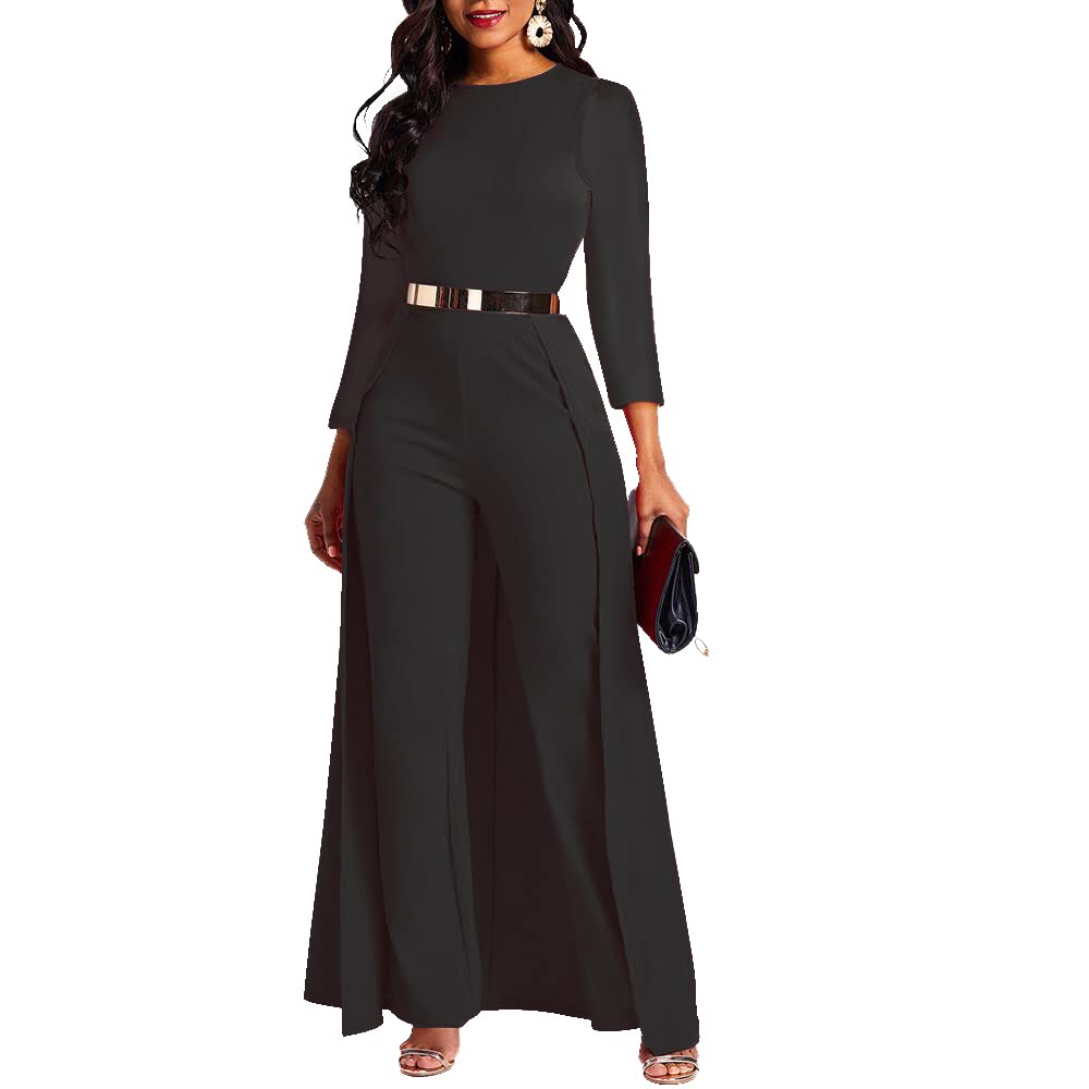 VERWIN Patchwork Overlay Embellished Plain Womens Jumpsuit High-Waist Woman Romper Black Long M