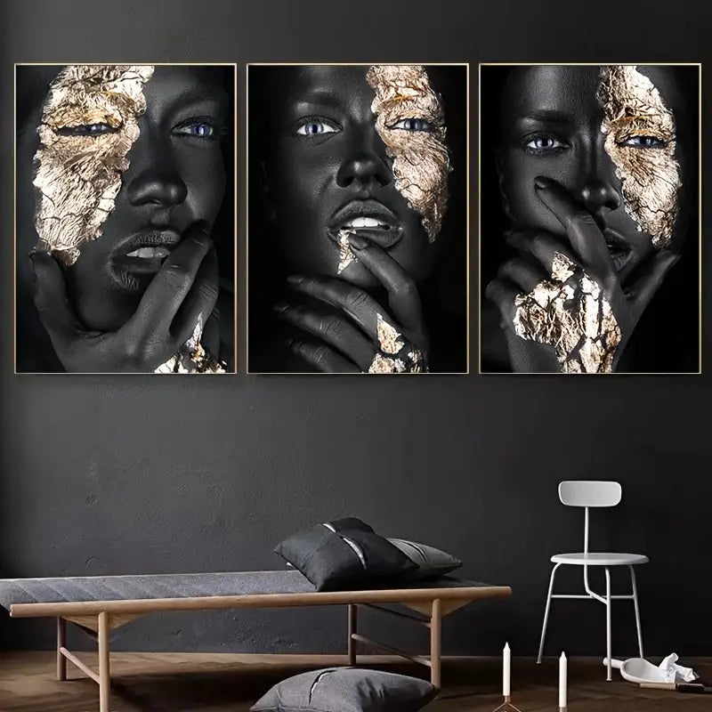 Frameless African Art Black and Gold Woman Canvas Set