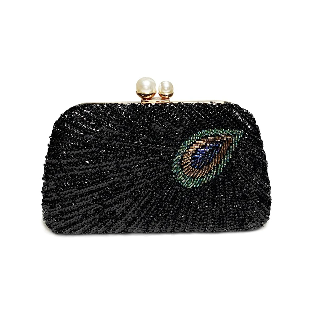 PENGZHI Women Vintage Beaded Sequin Clutch Purse Sparkly 1920s Peacock Evening Bag Luxury Wedding Bridal Purse Black