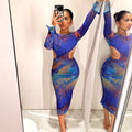 Blue Print Bodycon Dress with Sheer Mesh Sleeves Party Club Cut Out Backless Sexy Long Dresses for Women