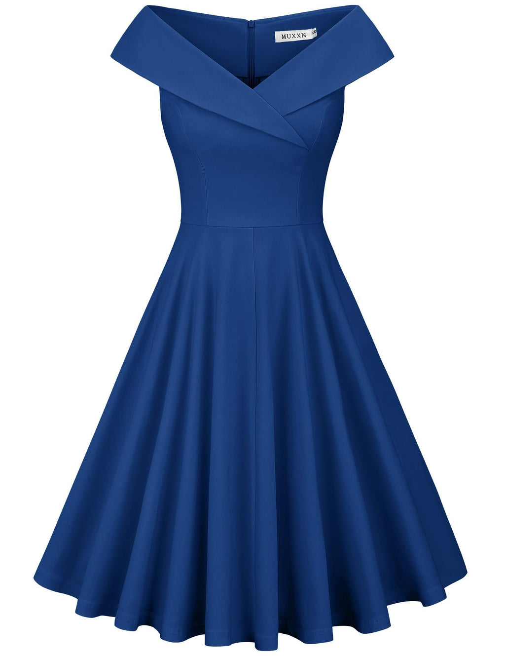 MUXXN Womens Vintage 1950s Sleeveless Midi V Neck Wedding Guest Party Swing Dresses Blue L