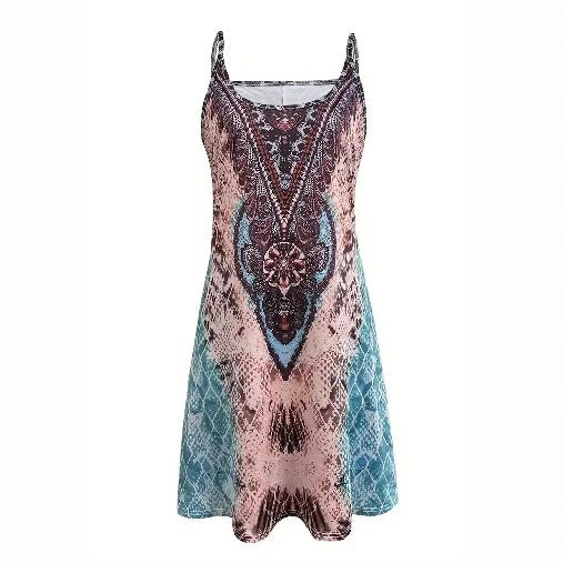 Chic Colorful Printed Low-Cut Strap Dress with Off-Shoulder Design for Women