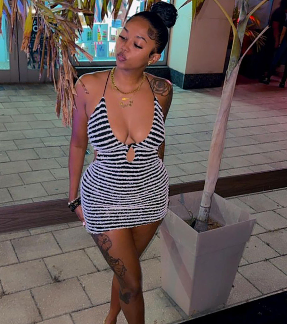 Fashion Sexy Stripe Wrap Mini Dress for Women Summer Casual Style