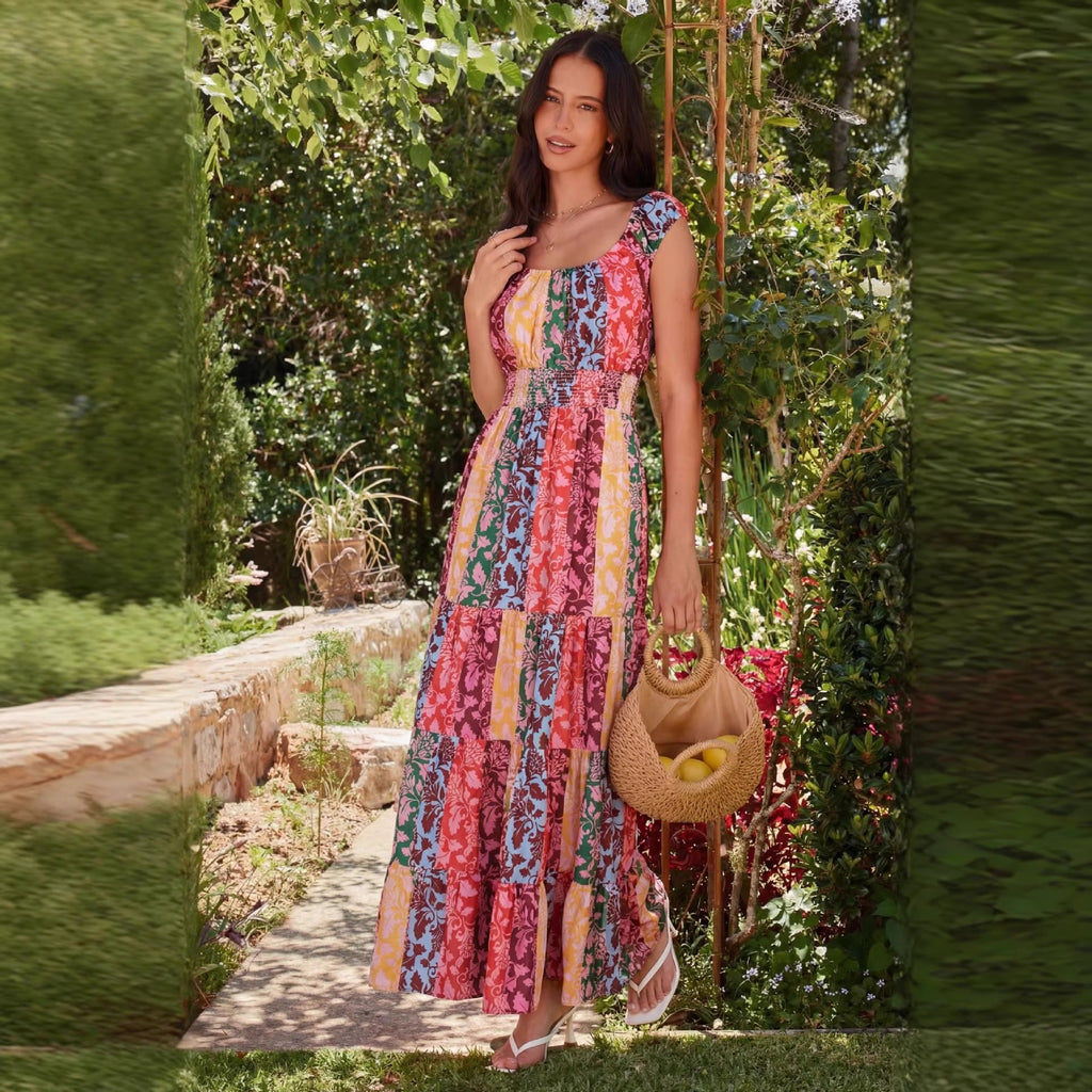 Fashion Bohemian Print Gathered Waist Dress