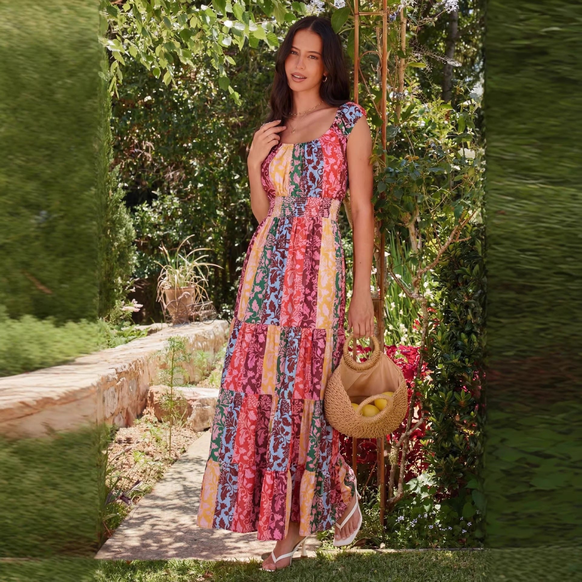 Fashion Bohemian Print Gathered Waist Dress