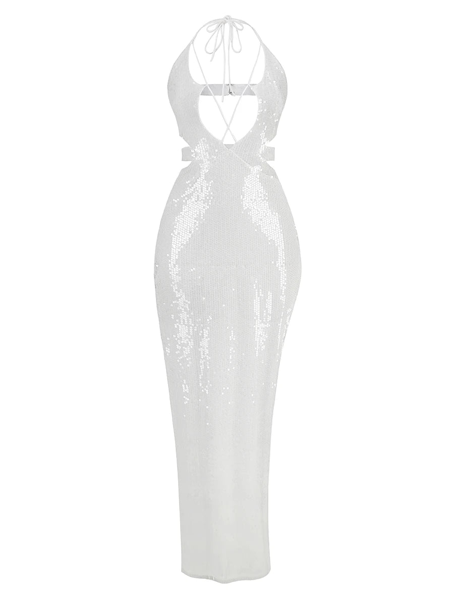 Fashion Party Dress Women Sexy Hollow Out Sleeveless White Sequins Tight Long Dresses Vestidos