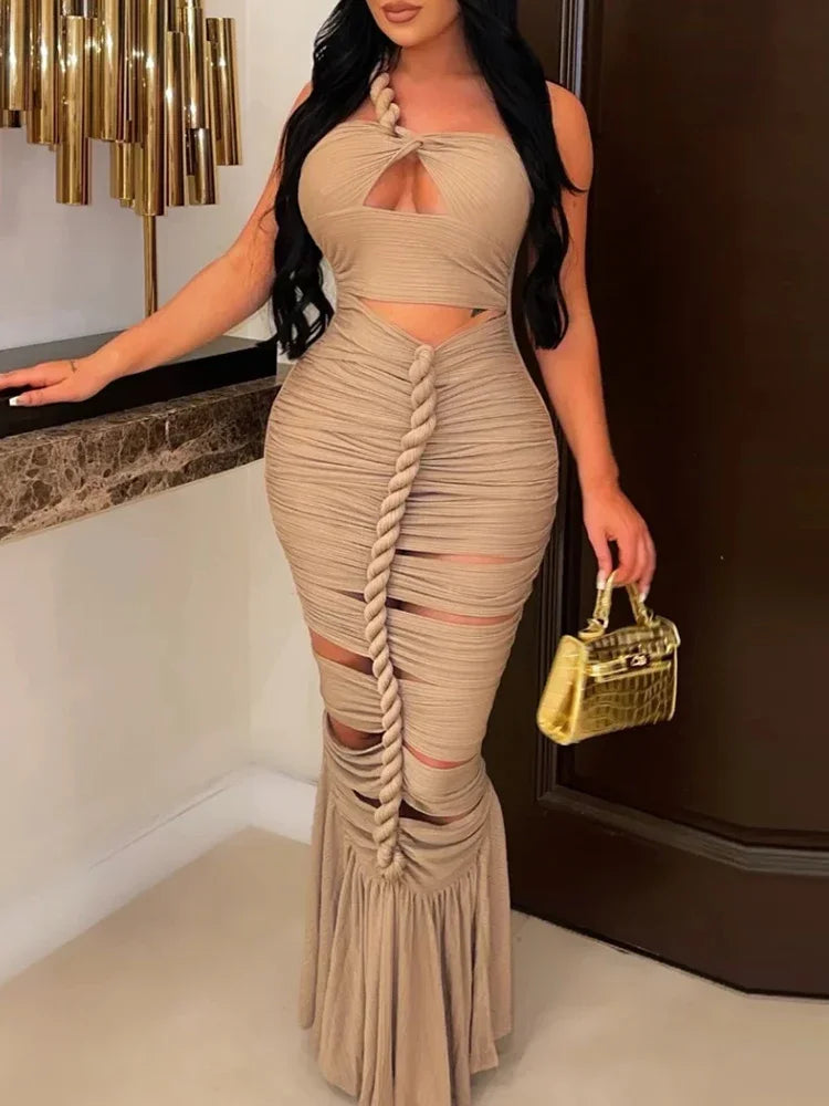 Solid Hollow Out Backless Dress For Women Diagonal Collar Sleeveless High Waist Sexy Dresses Female Fashion Style