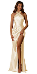 OFEECHUN Mermaid Satin Bridesmaid Dresses Halter Floor Length Long Formal Evening Gown Champagne Size 14