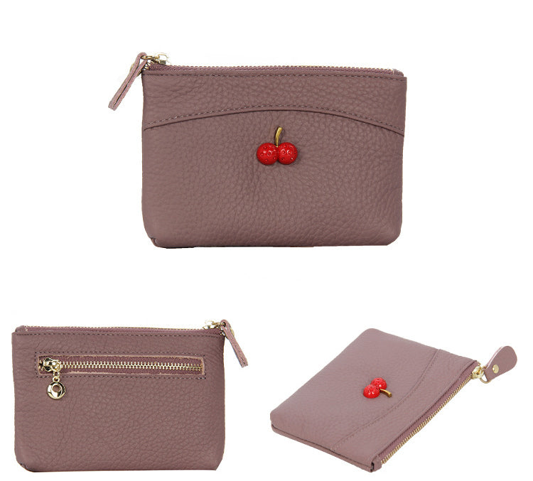 Cherry Leather Coin Purse with Zipper for Ladies
