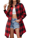HangNiFang Long Flannel Shirts for Women Button Down Plaid Shirts Dresses Pocketed(0652-BrightRedX1-S)