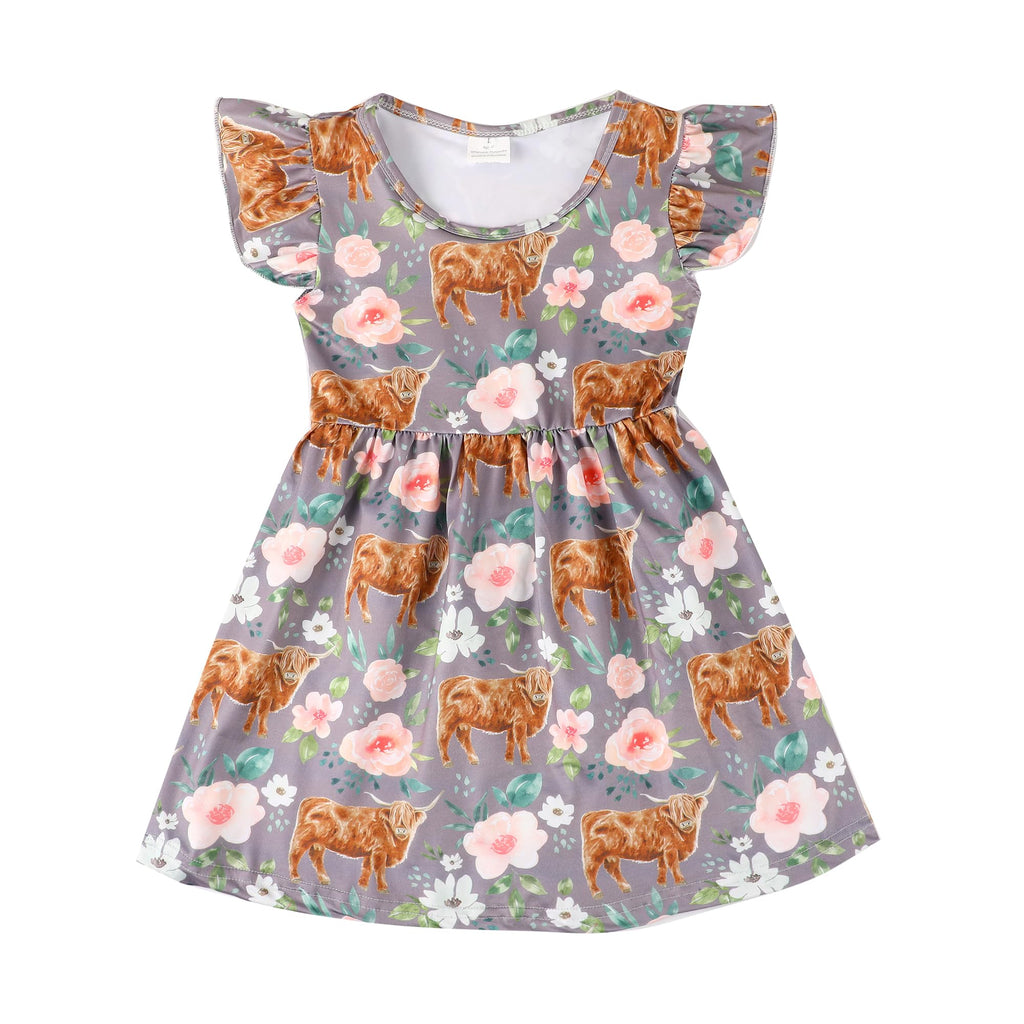 Yuromoon Toddler Girls Highland Cattle Printed Dresses Ruffle Bottom Flutter Sleeve Apparel 4-5T