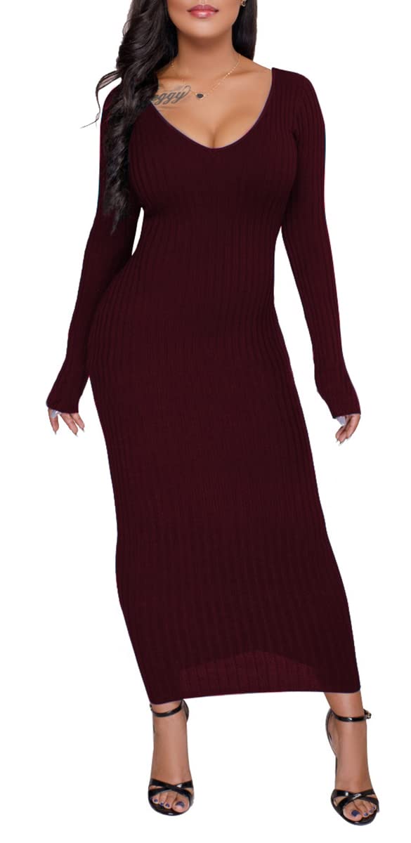 WUSENST Womens Sexy Off Shoulder Long Sleeves Bodycon Knit Dress Ribbed Sweater Midi Dresses