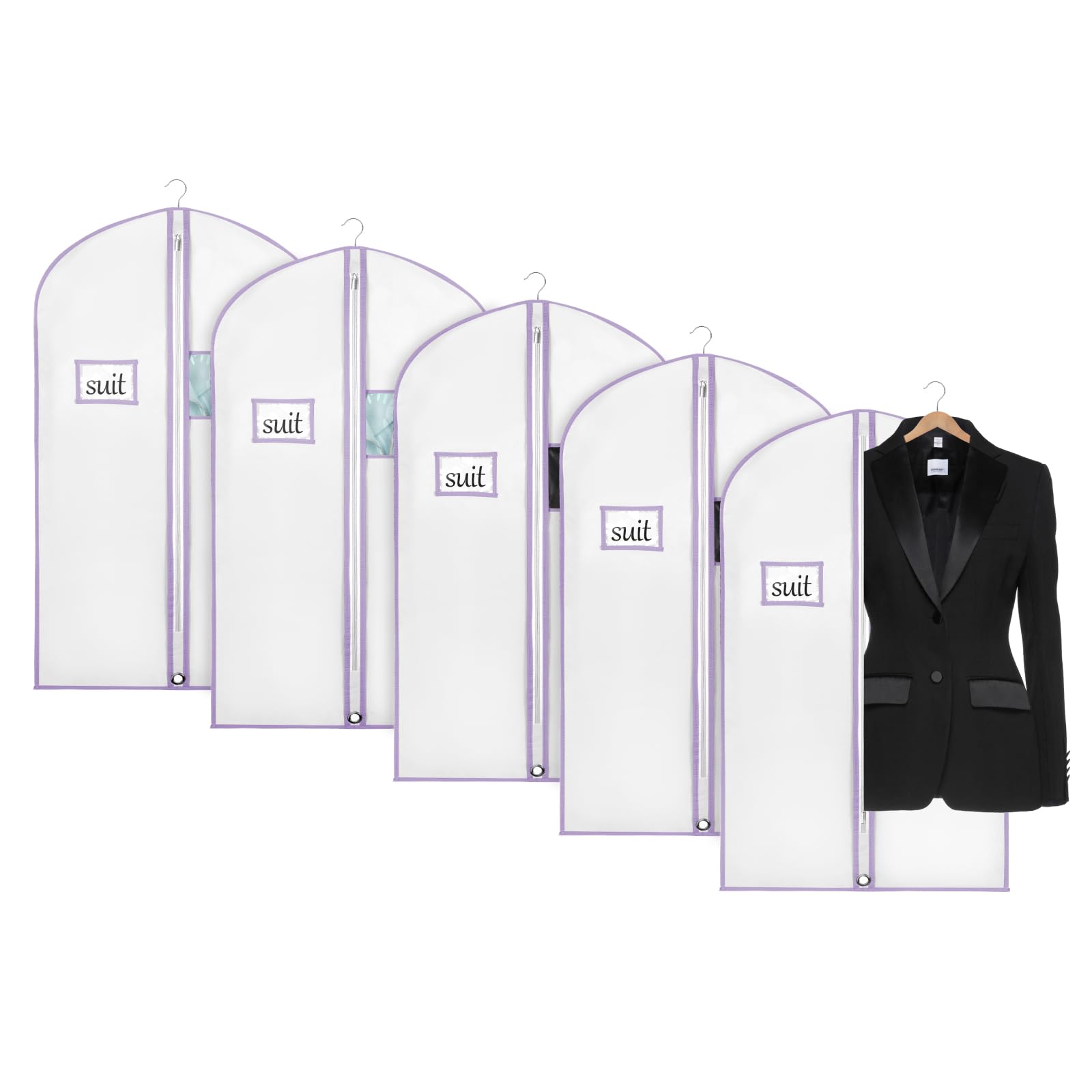 Univivi 40"Garment Bag for StorageShort Dresses Garment Bag for Woman with Clear Window and ID Card Holder for T-shirtCoat JacketWhite/PurpleSet of 5