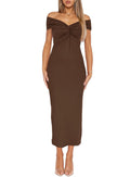 Darong Summer Dresses Twisted Front Bodycon Dress with Side Slit 9063 Coffee M