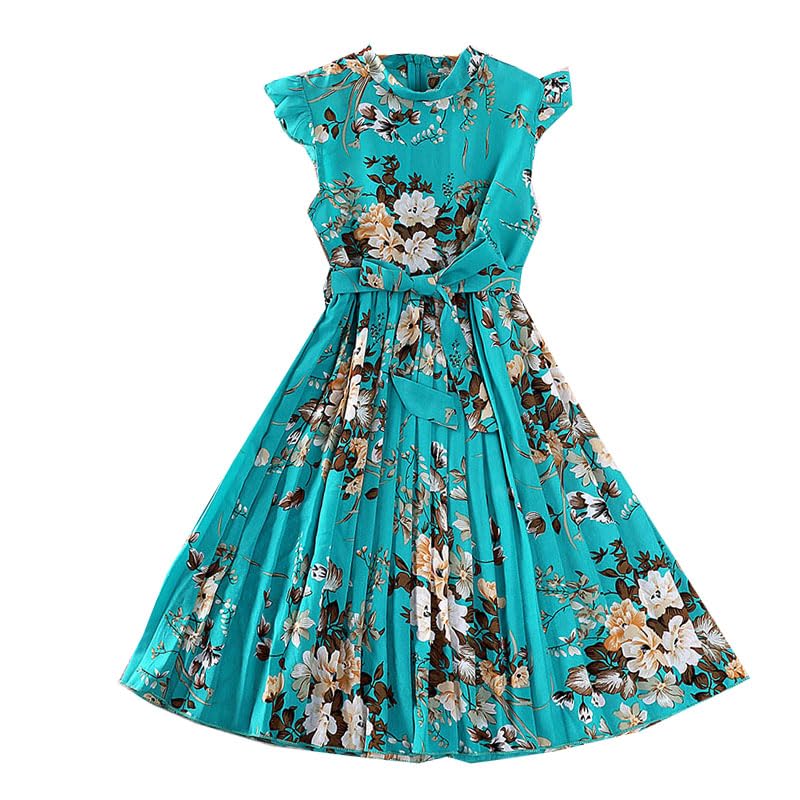 YIJODM Girl Ruffle Sleeve Floral Dress Casual Pleated Casual A-line Swing Dresses Blue