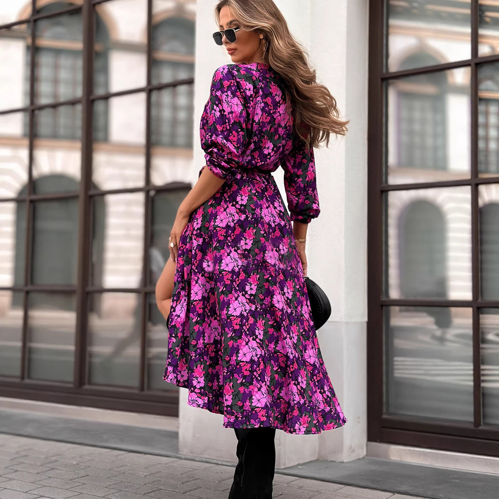 Fashion Sexy V-Neck Tie-Waist Long Sleeve Dress for Women