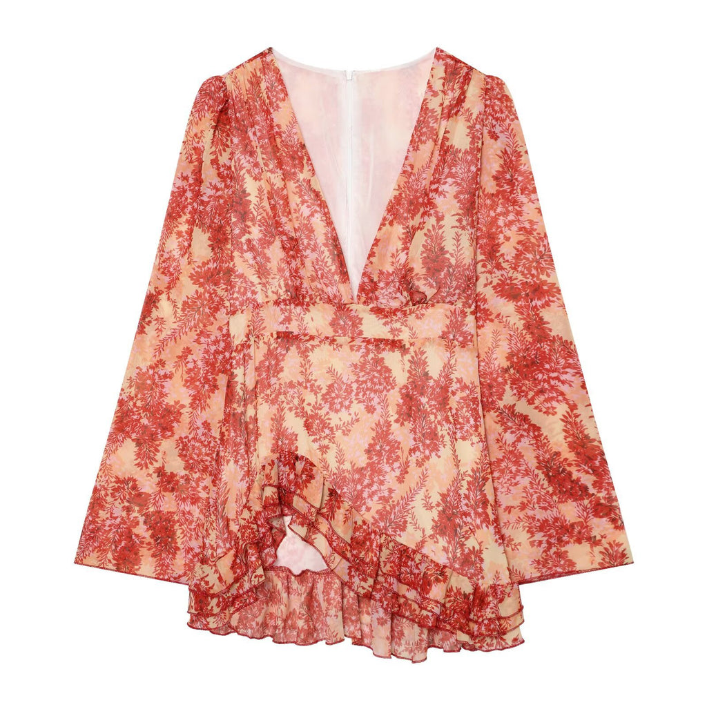 V-neck printed ruffle edge long sleeved dress