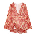 V-neck printed ruffle edge long sleeved dress