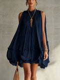 Sleeveless Pleated Mini Dress for Women, Loose A-Line Skirt with Ruffled Hem, Gathered Pleats, Casual Vacation Style, Flared Silhouette, Sweet Baby Doll Dress