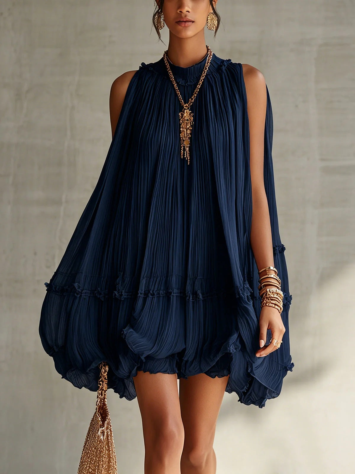 Sleeveless Pleated Mini Dress for Women, Loose A-Line Skirt with Ruffled Hem, Gathered Pleats, Casual Vacation Style, Flared Silhouette, Sweet Baby Doll Dress