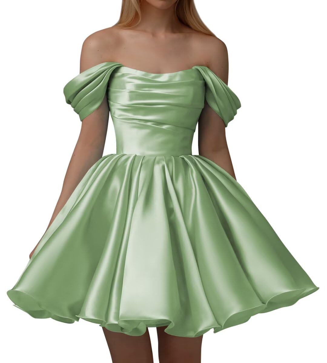 Women’s Off Shoulder Satin Homecoming Dresses A Line Short Pleated Strapless Prom Dresses for Wedding Sage Size02