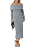 Saodimallsu Womens Off Shoulder Maxi Sweater Dress Long Sleeve Bodycon Sexy Elegant Cocktail Party Knit Dresses Grey