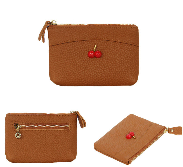 Cherry Leather Coin Purse with Zipper for Ladies
