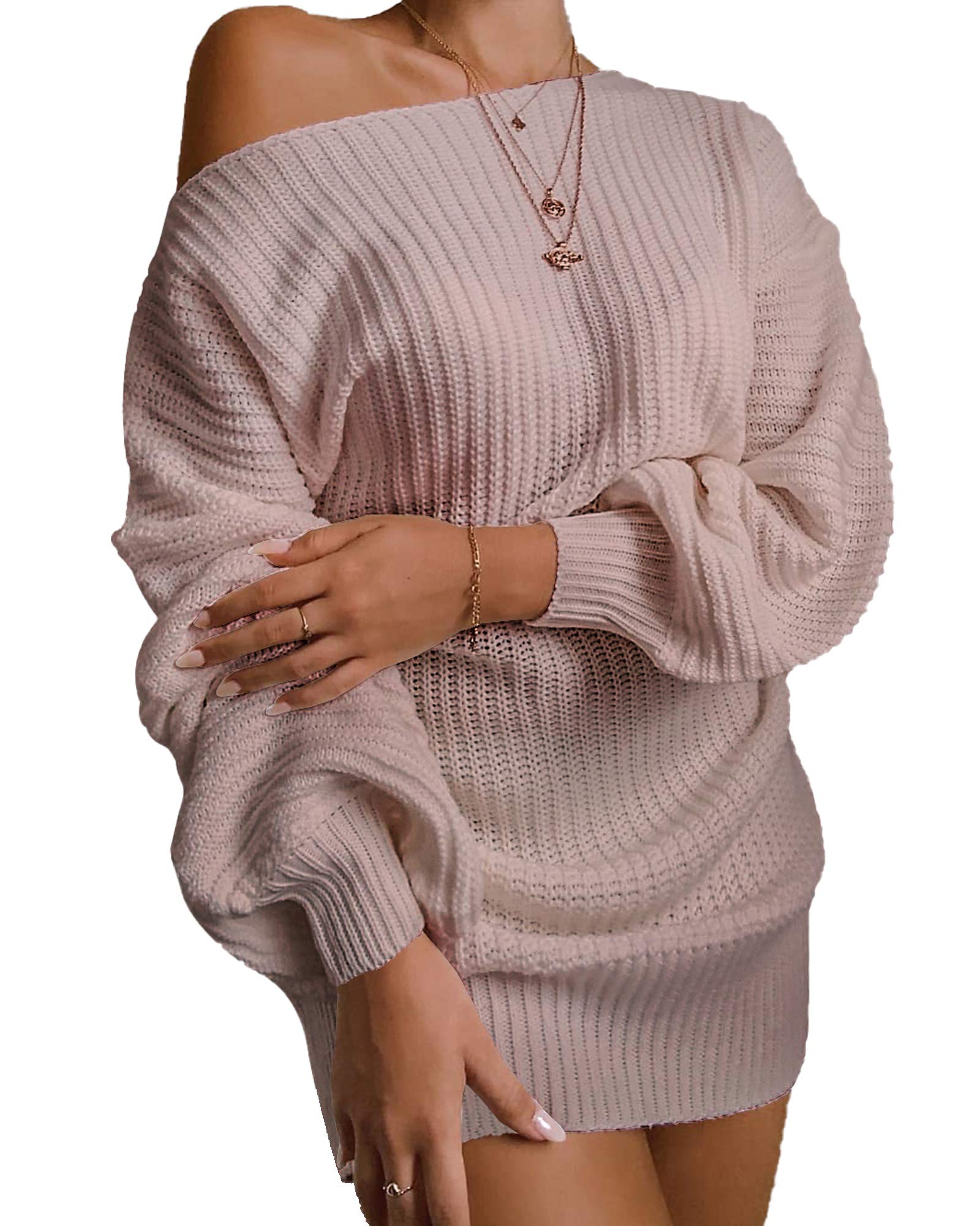 LAVANACE Womens Casual Oversized Off Shoulder Sweater Dresses Long Chunky Pullover Jumper S Pink