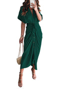 Linsery Satin Button Shirt Dress Women Summer Short Sleeve Ruched Bodycon Midi Dresses Greenn XL