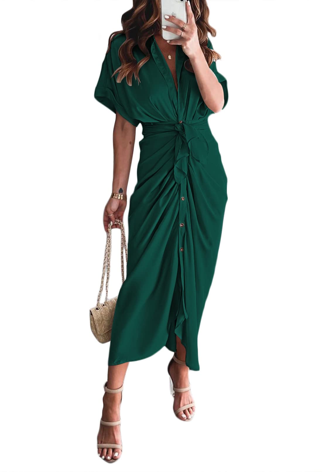 Linsery Satin Button Shirt Dress Women Summer Short Sleeve Ruched Bodycon Midi Dresses Greenn XL