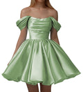 Women’s Off Shoulder Satin Homecoming Dresses A Line Short Pleated Strapless Prom Dresses for Wedding Sage Size02