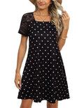 Duppoly Lace Tshirt Dress Women Summer Dresses for Women 2024 Casual Square Neck Short Sleeve Mini Floral Loose T Shirt Dresses Patchwork Tunic Swing Cute Sundress Sun Dress Black F67 S
