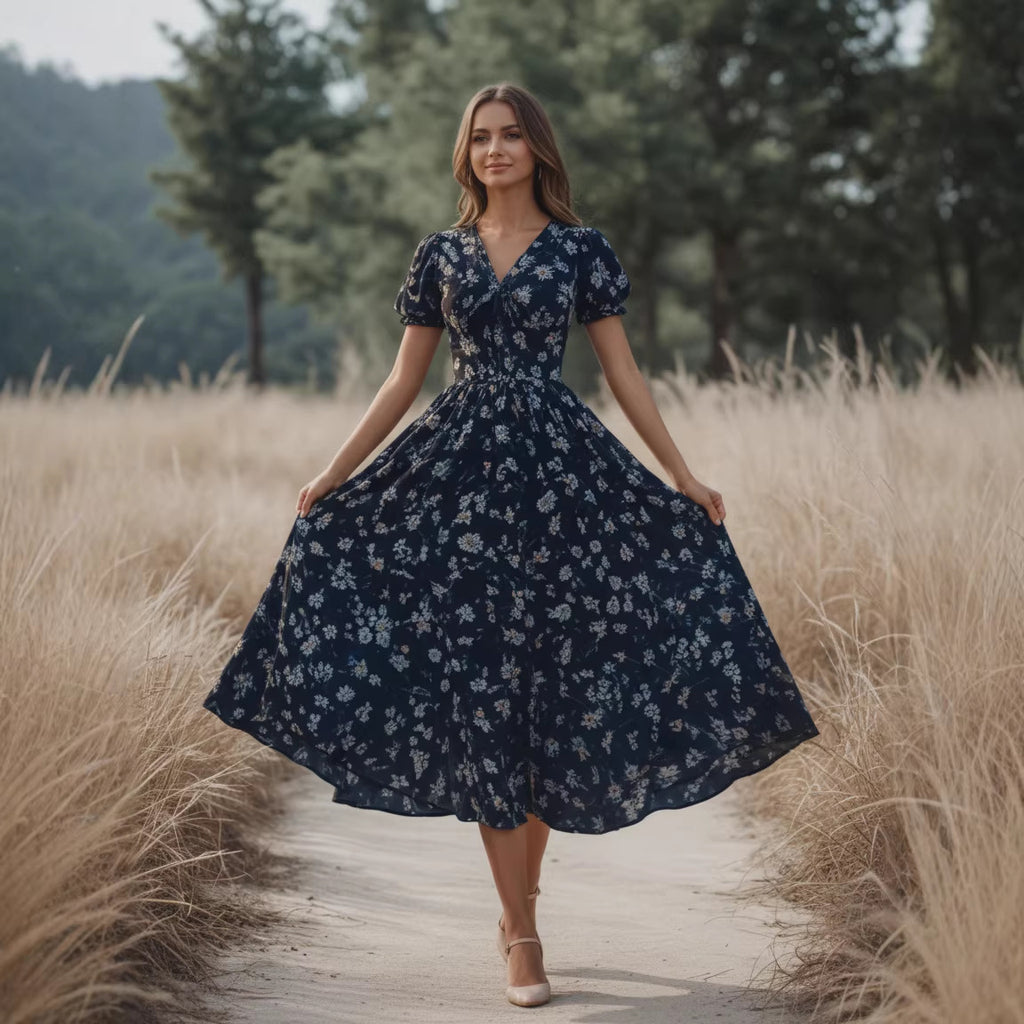 Printed V-neck loose short sleeved women's dress