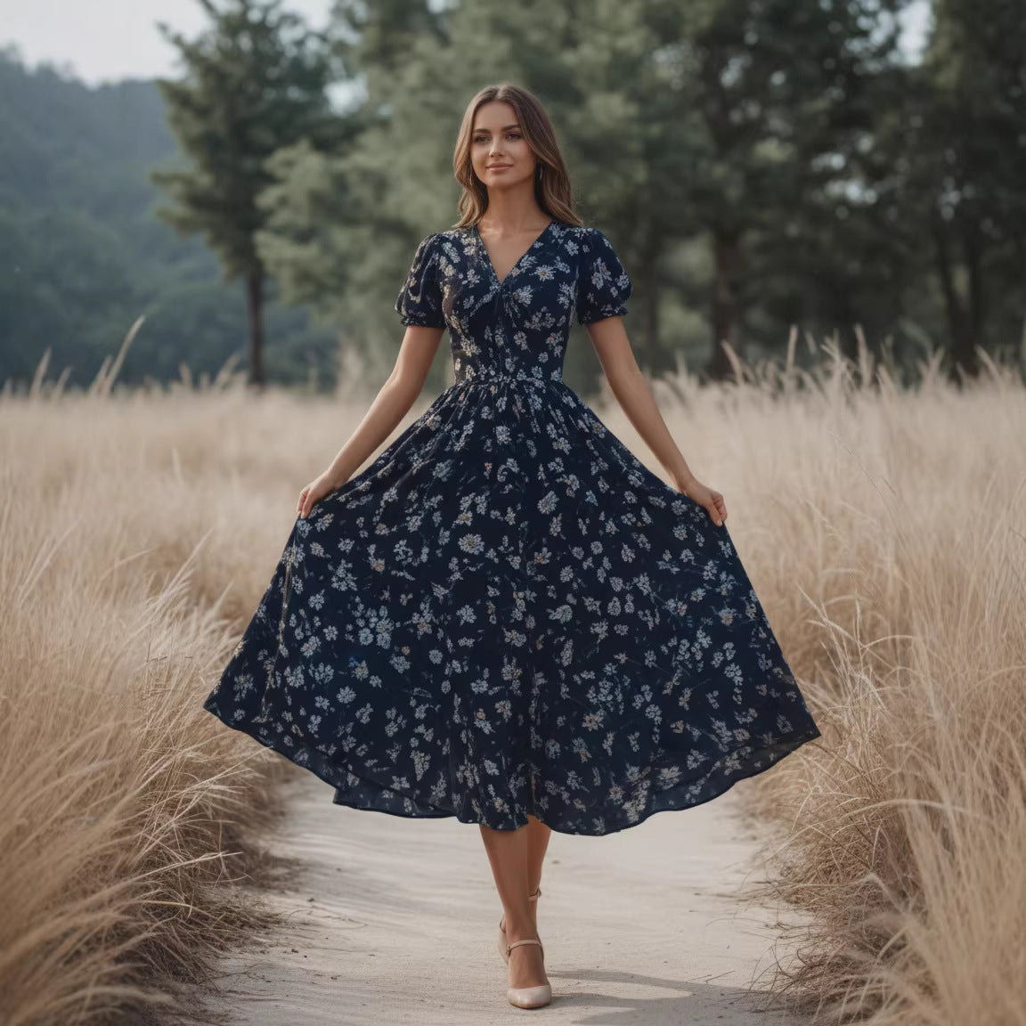 Printed V-neck loose short sleeved women's dress