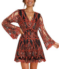 Womens Night Out Dresses Long Sleeve Deep V Neck Embroidered Sequin Party Dress Red M