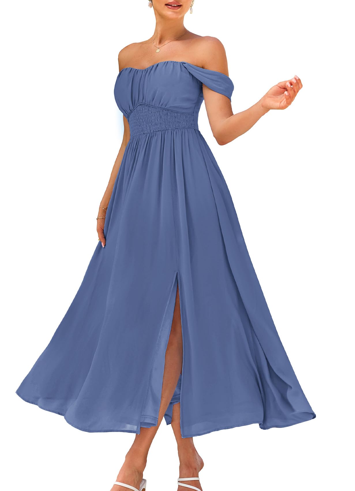 2024 Womens Summer Sleeveless Off Shoulder Floral Flowy A Line Maxi Dresses Blue Gray XXL