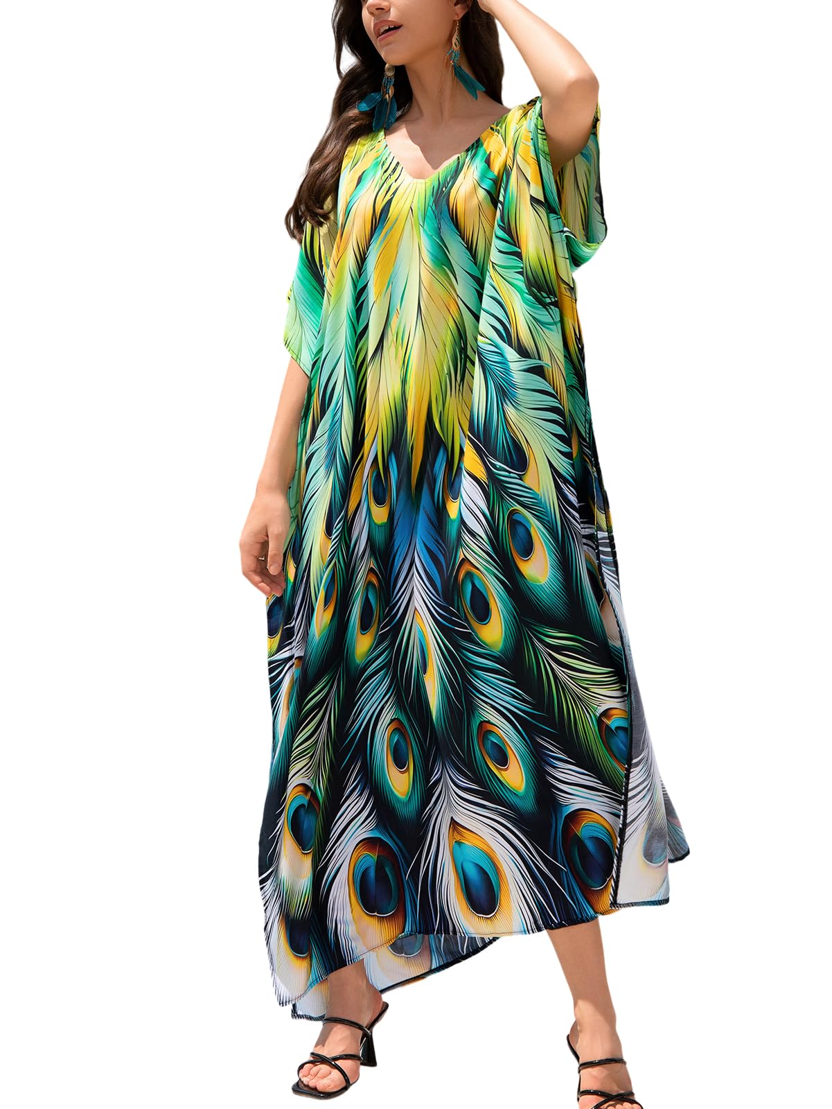 Plus Size Beach Kaftan Dresses for Women Print V-Neck Long Swimsuit Cover Ups