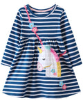 Hongshilian Girls Cartoon Dress Applique Party Dresses Casual Jersey Cotton Long-Sleeved(2TNavy&Unicorn)